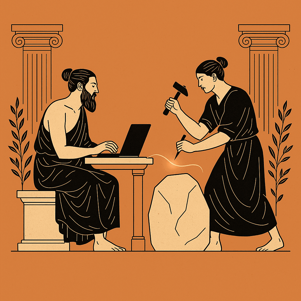 Greek craftsmen building with modern technology