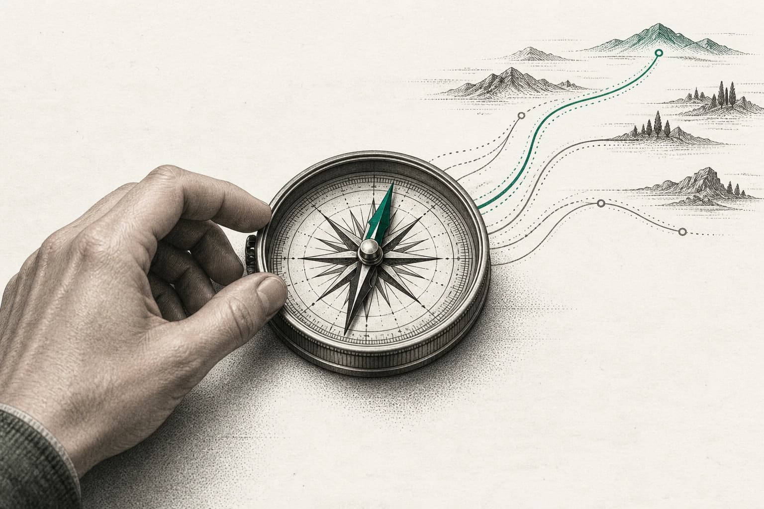 An engraved hand sets a compass bearing as branching paths extend outward.